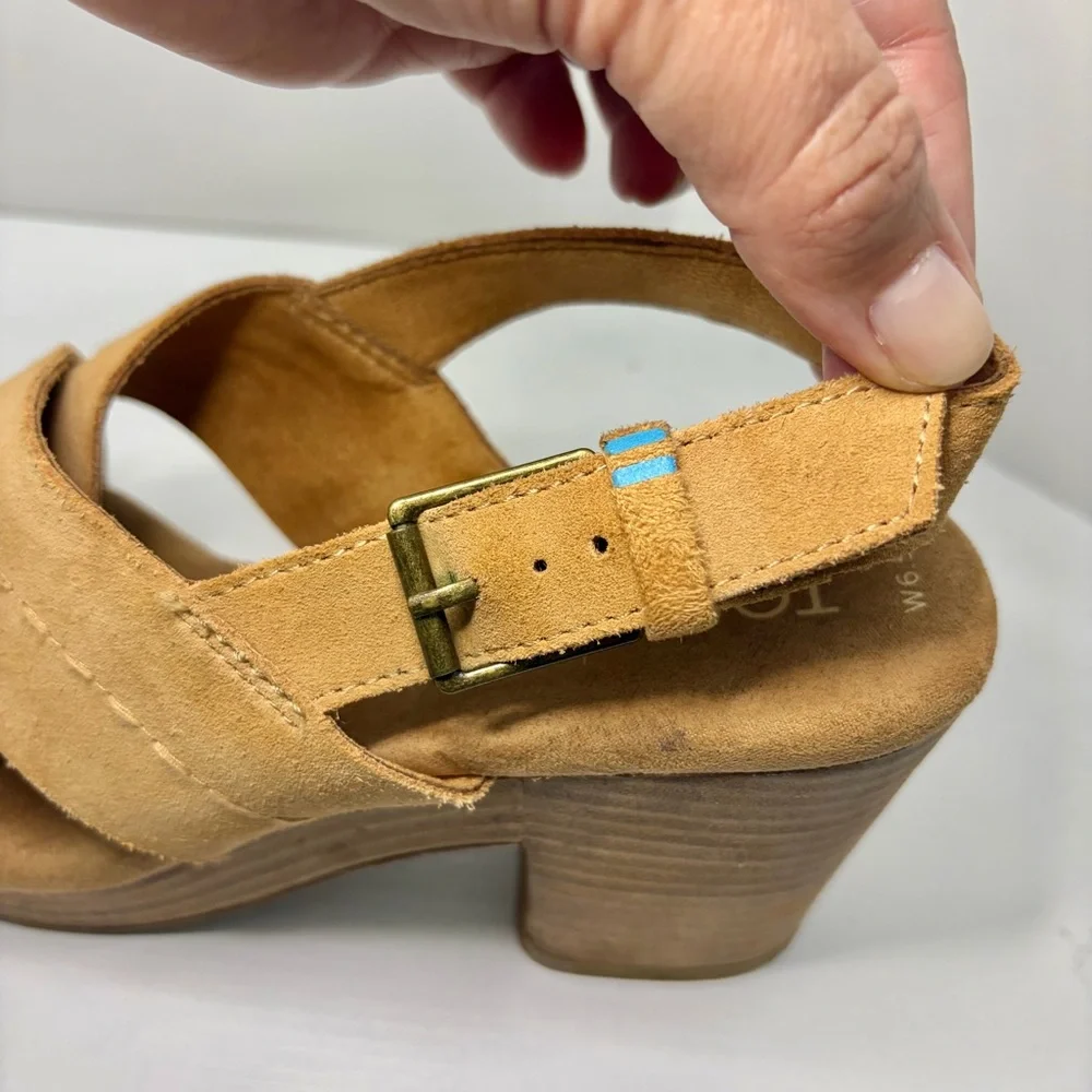 TOMS Ibiza Honey Suede Tan Platform Heel Sandals Size 6 1/2
